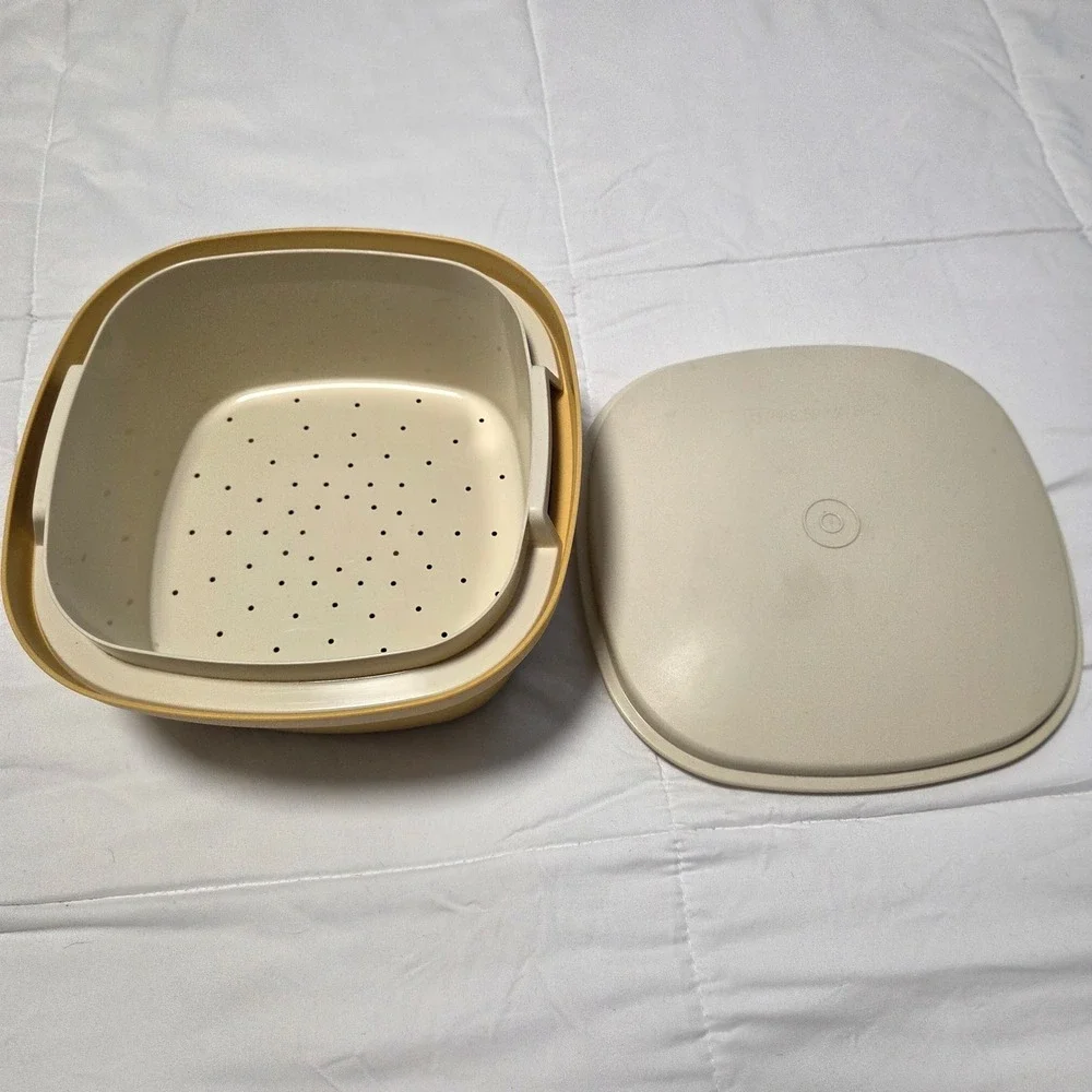 Vintage Tupperware Multi-Server Steamer 888 Harvest Gold 3 Piece Set 1970s Retro